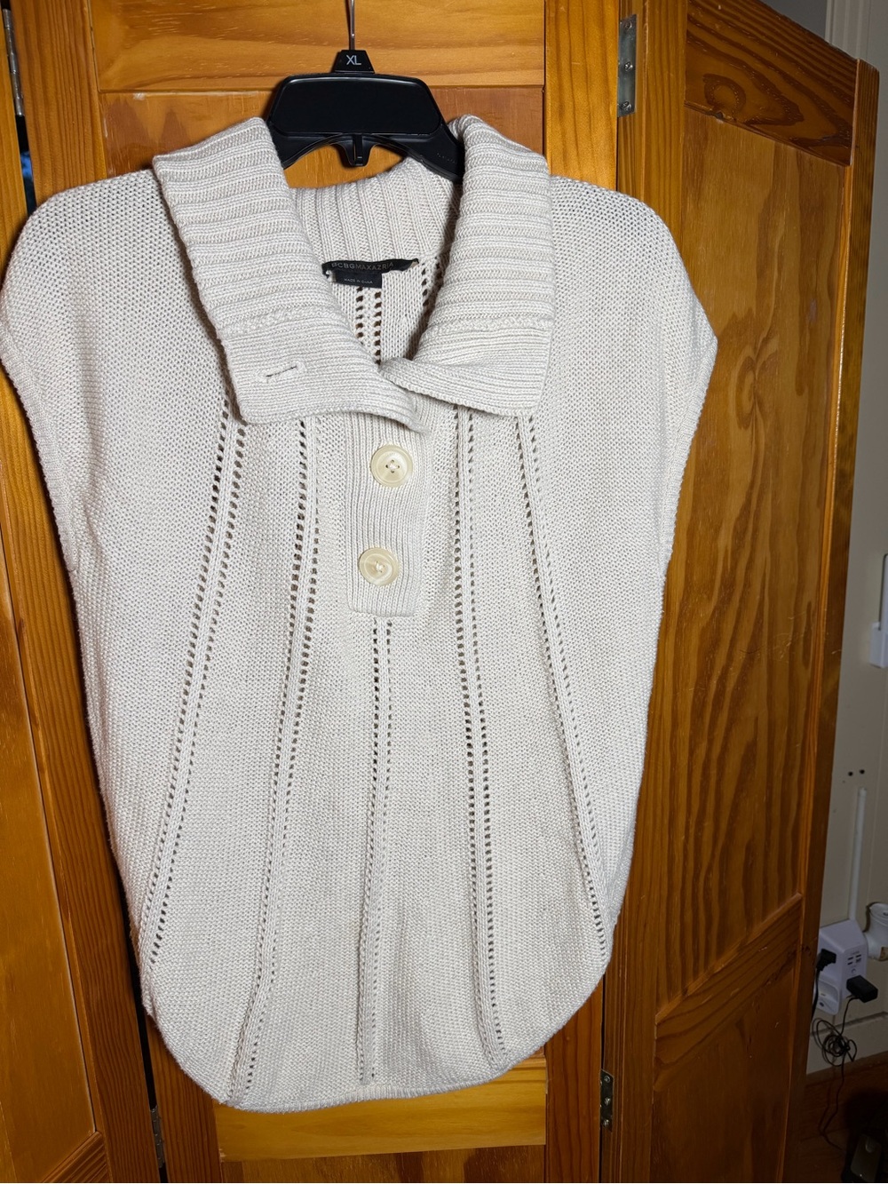 BCBGMaxAzria Cream Button Shawl-Collar  Cap Sleeve Sweater|M|Cotton, Lamb’s Wool